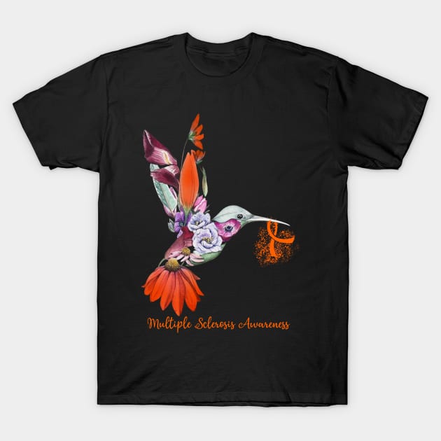 Multiple Sclerosis Awareness Humming Bird Flowers Ribbon T-Shirt by Margaretsantana